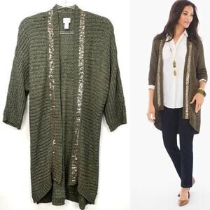 Chico's Sequined‎ Trim Cardigan Olive Size Medium